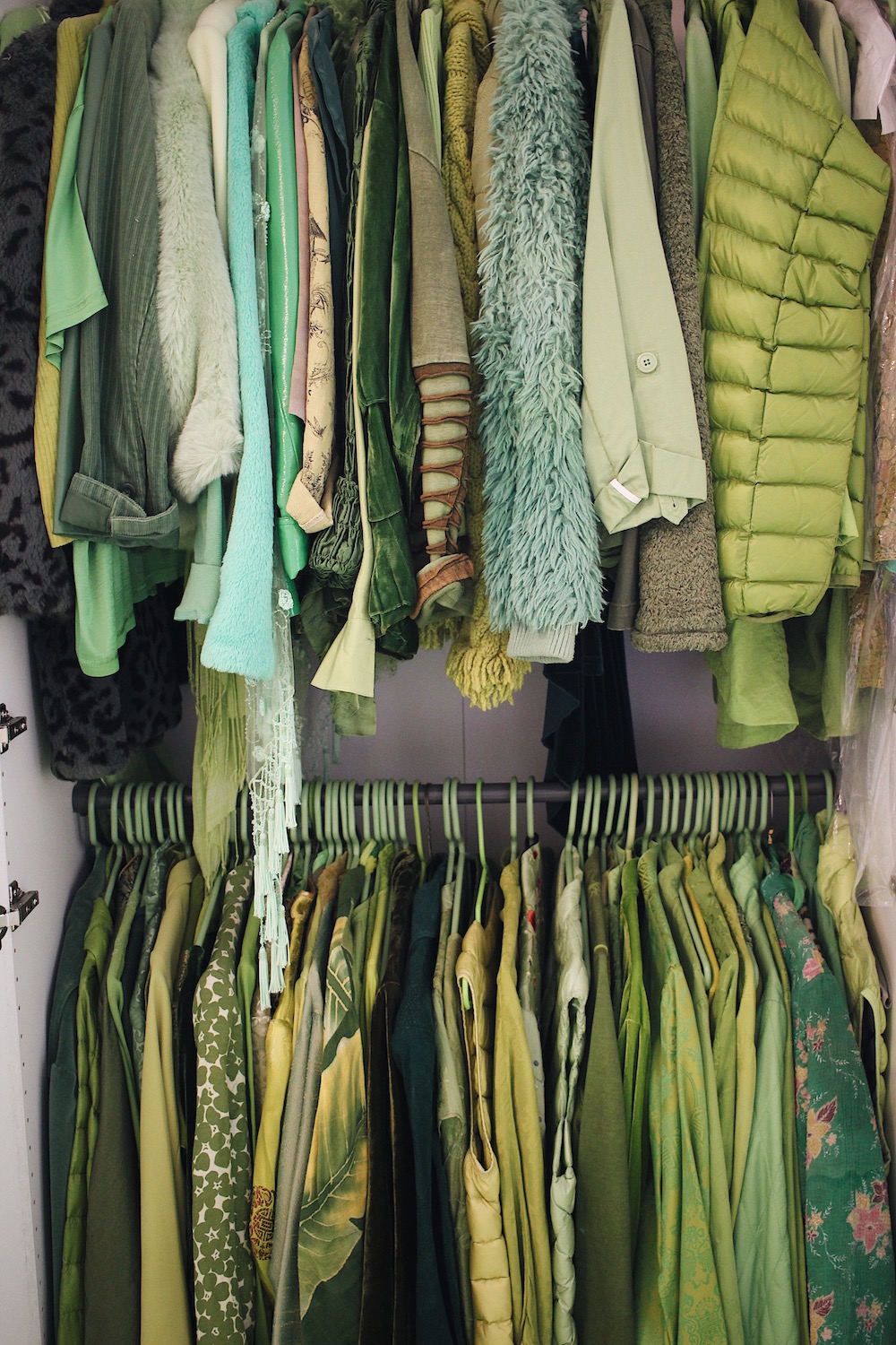 all green clothing in a closet belonging to The Green Lady of Brooklyn