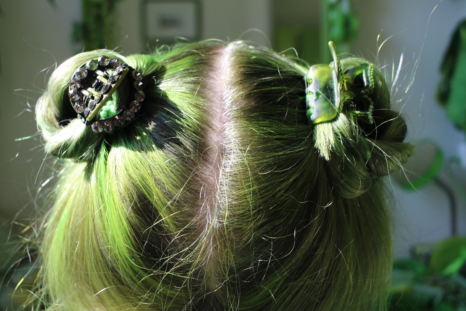 Green hair buns